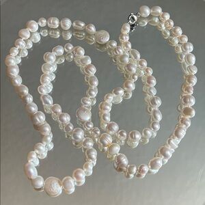 AUTHENTIC Freshwater Round and Flat Pearl Necklace 925 Sterling Clasp 36” NWT